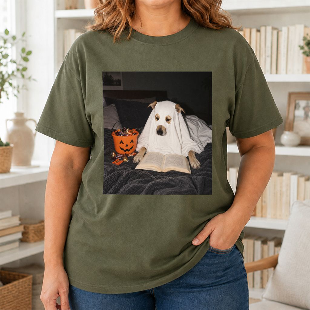 Cute Reading Ghost Dog Printed T-Shirt | Halloween Book Lover Gift Military Green