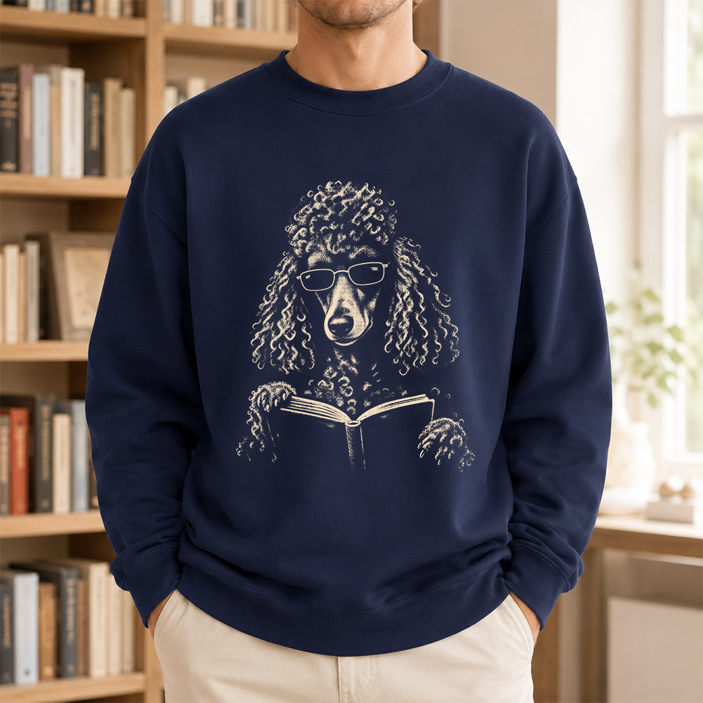 Poodle Reading Book Crewneck Sweatshirt | Reader Gift Navy