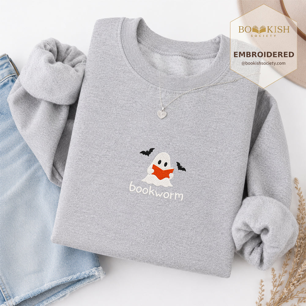 Bookworm Embroidered Sweatshirt | Halloween Book Lover Gift Sport Grey