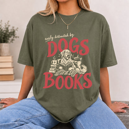 Easily Distracted By Dogs And Books Softstyle T-Shirt | Book Lover Gift Military Green
