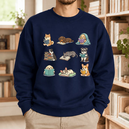 Funny Reading Dogs Embroidered Sweatshirt | Dog Mom Reader Gift Navy