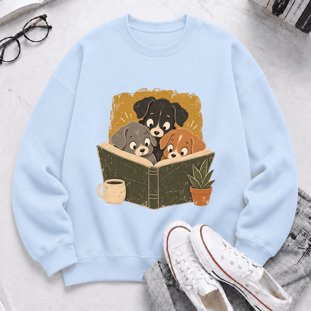 Minimal Japanese Dogs Reading Crewneck Sweatshirt | Reader Gift Light Blue