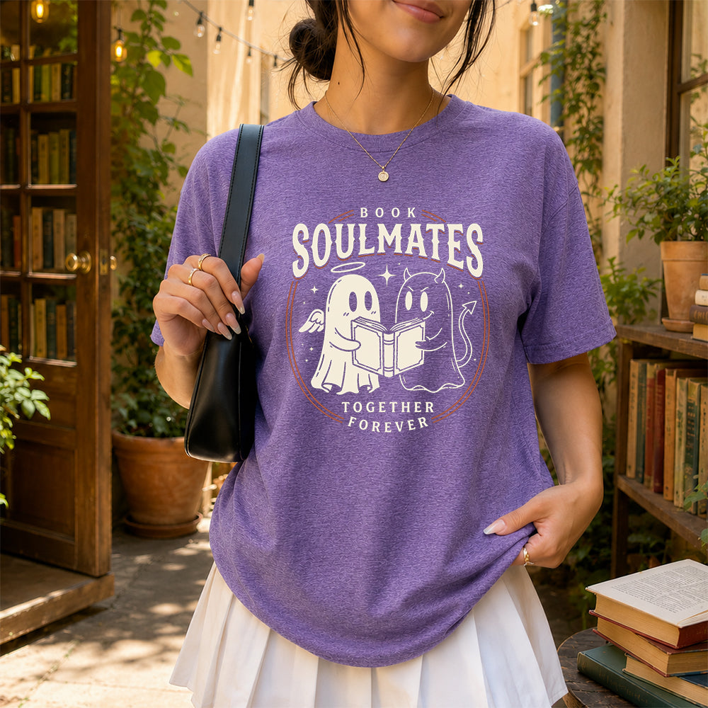 Book Soulmates Together Forever Printed T-Shirt | Halloween Book Lover Gift Heather Purple
