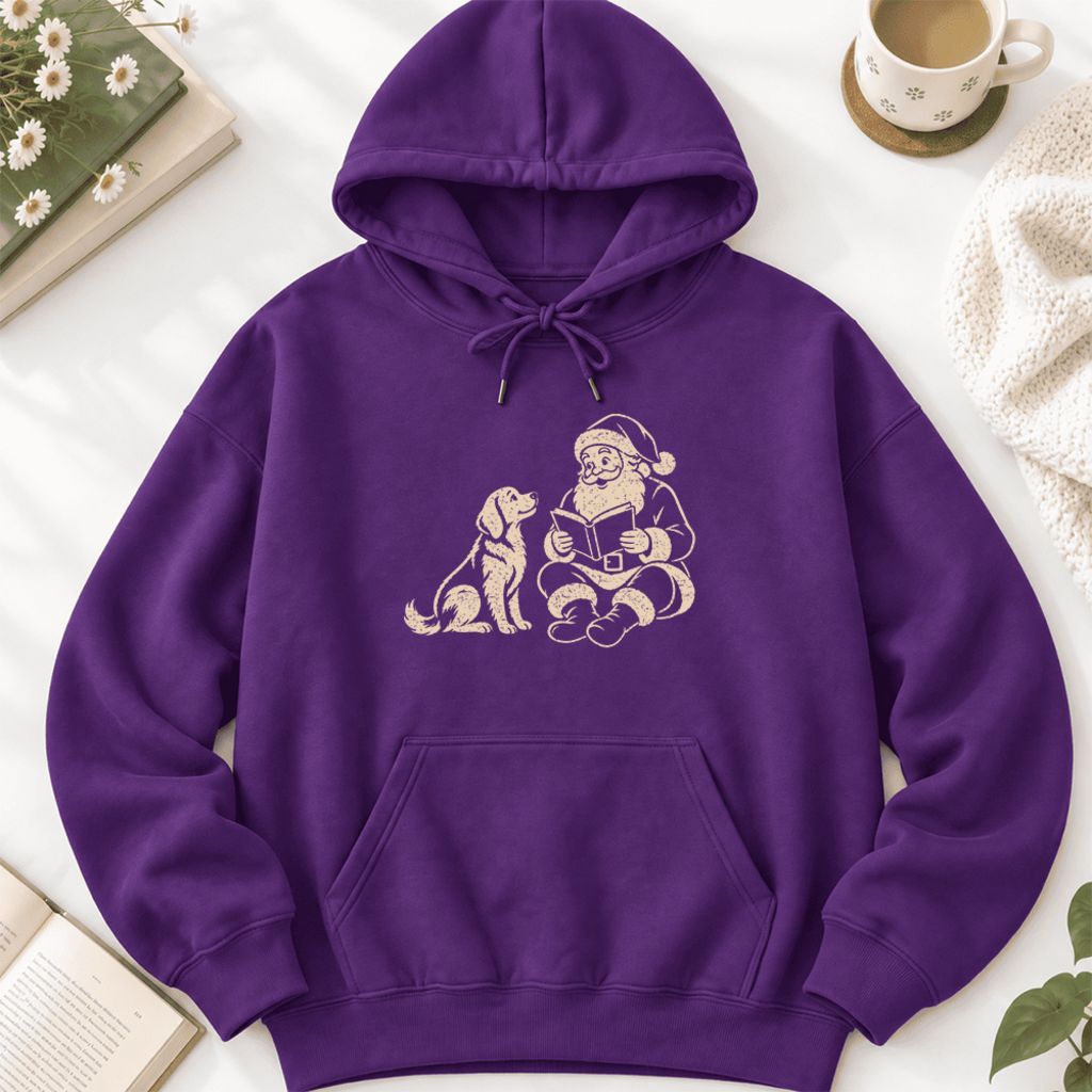 Funny Dog With Santa Christmas Softstyle Hoodie | Christmas Gift For Dog & Book Lover Purple