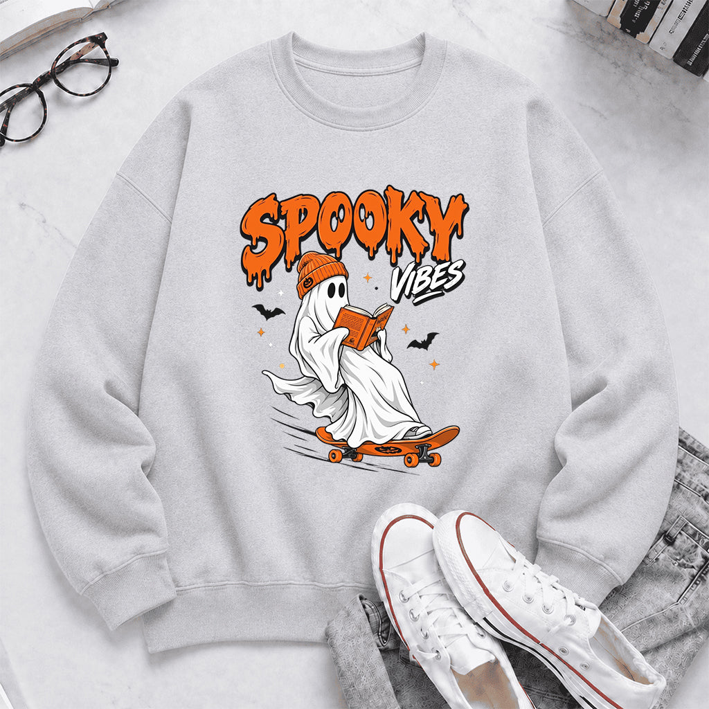 Spooky Vibes Printed Sweatshirt | Halloween Reader Gift Sport Grey