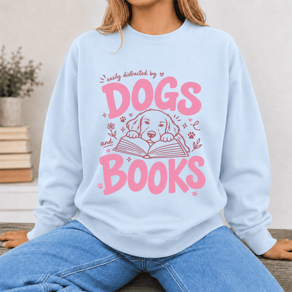 Easily Distracted By Dog And Books Crewneck Sweatshirt | Dog Lover & Reader Gift Light Blue