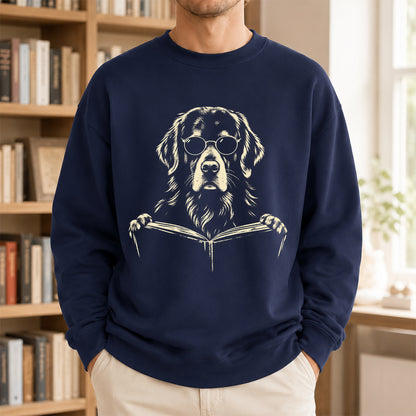 Golden Retriever Reading Book Crewneck Sweatshirt | Reader Gift Navy