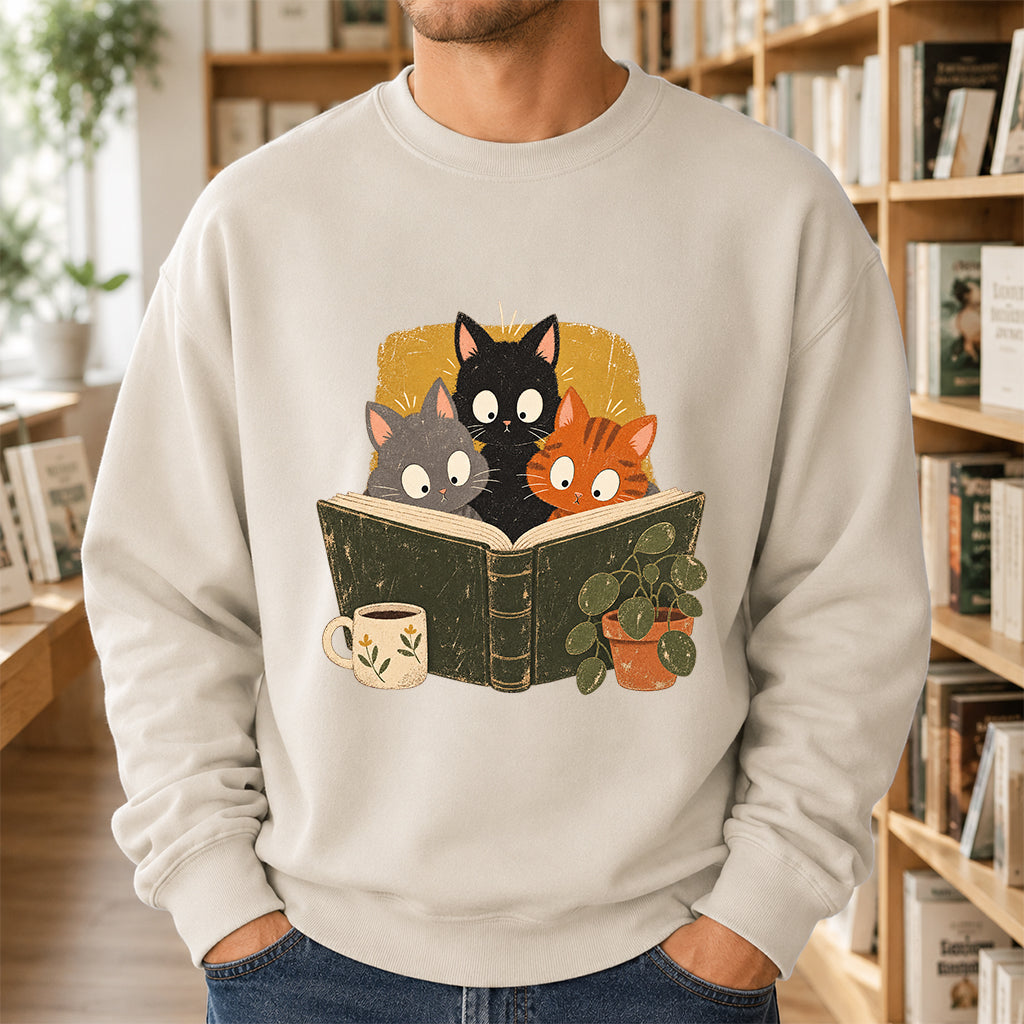 Minimal Japanese Cats Reading Crewneck Sweatshirt | Reader Gift Sand