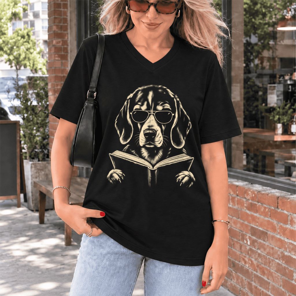 Beagle Reading Book Ultra-Soft V-Neck | Dog Mom Reader Gift Black