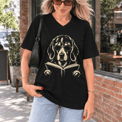 Beagle Reading Book Ultra-Soft V-Neck | Dog Mom Reader Gift Black