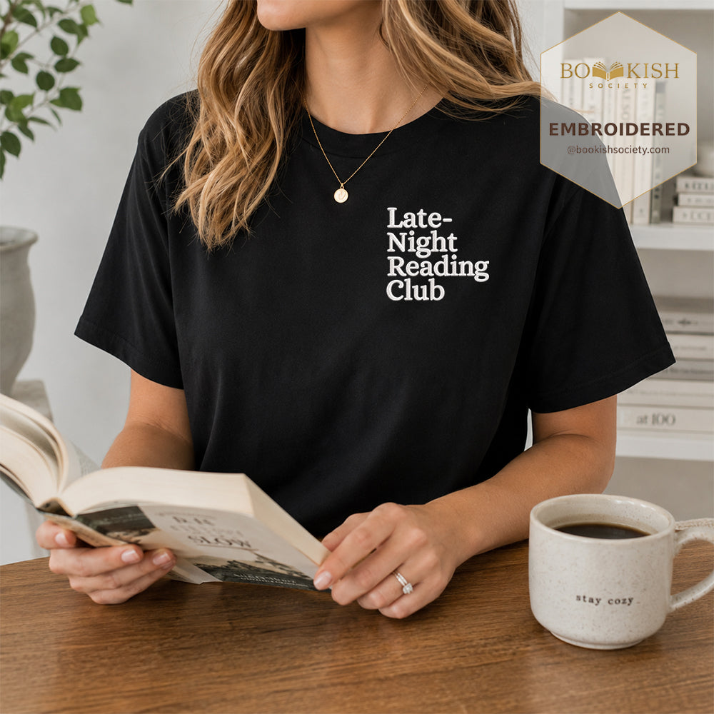 Late Night Reading Club Embroidered Comfort Color® T-shirt | Book Lover Gift Black