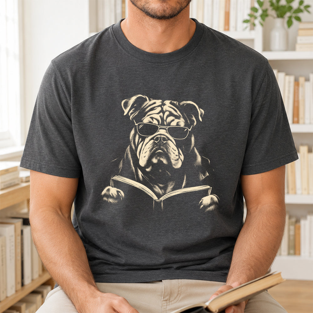 Bulldog Reading Book Softstyle T-Shirt | Book Lover Gift Dark Heather