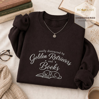 Easily Distracted By Golden Retrievers And Books Embroidered Sweatshirt | Reader Gift Dark Chocolate