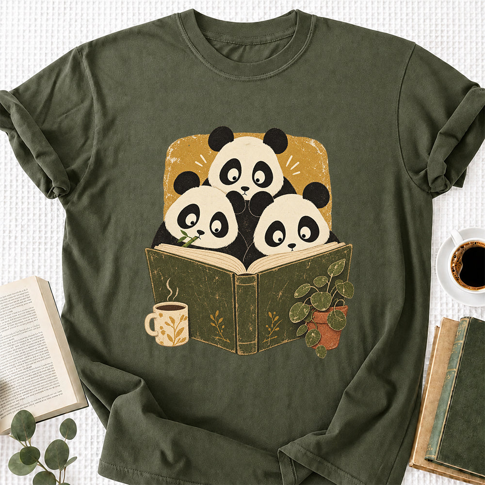 Minimal Japanese Pandas Reading Softstyle T-Shirt | Book Lover Gift Military Green