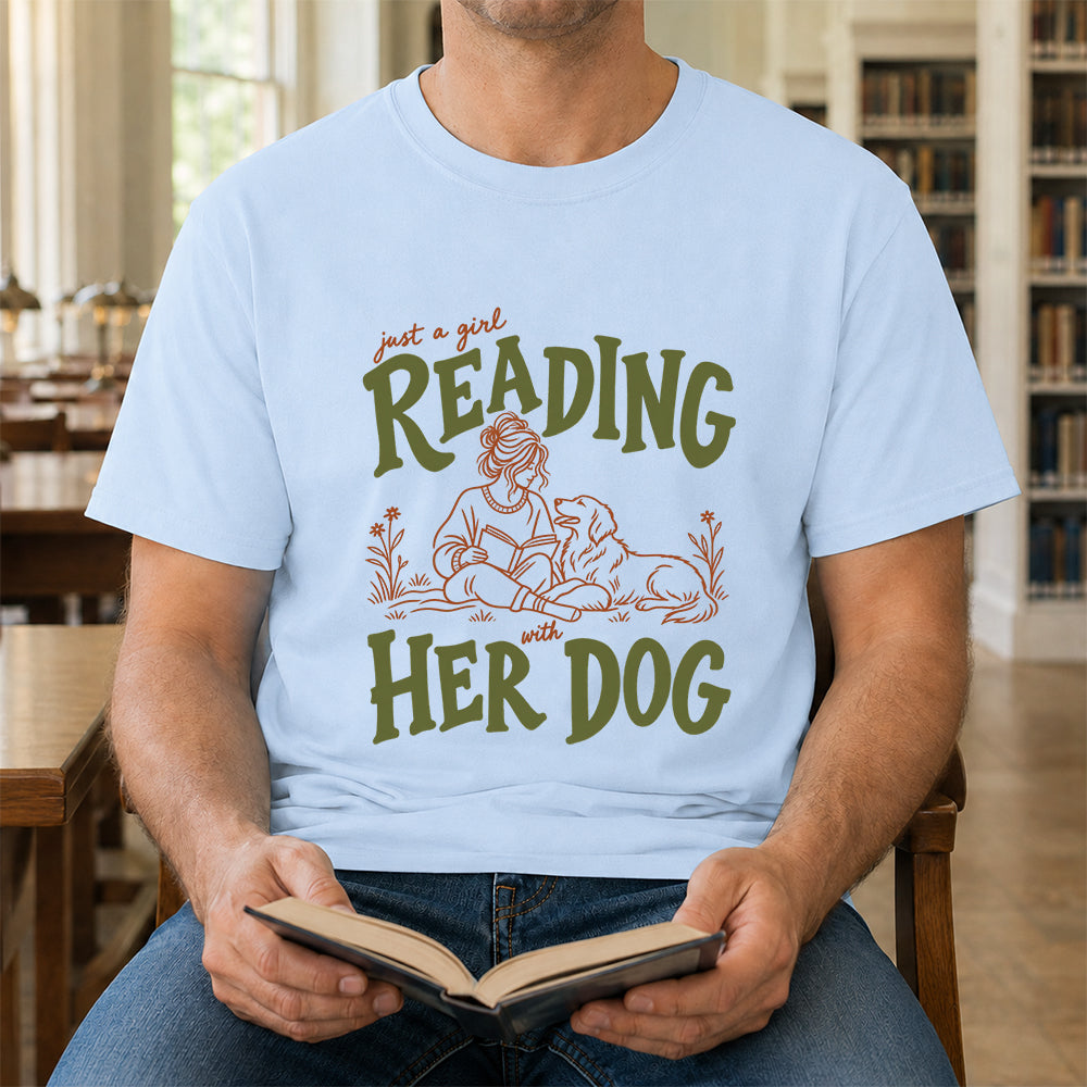 Just A Girl Reading With Her Dog Softstyle T-Shirt | Book Lover Gift Light Blue