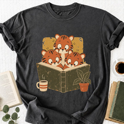 Minimal Japanese Tigers Reading Softstyle T-Shirt | Book Lover Gift Dark Heather