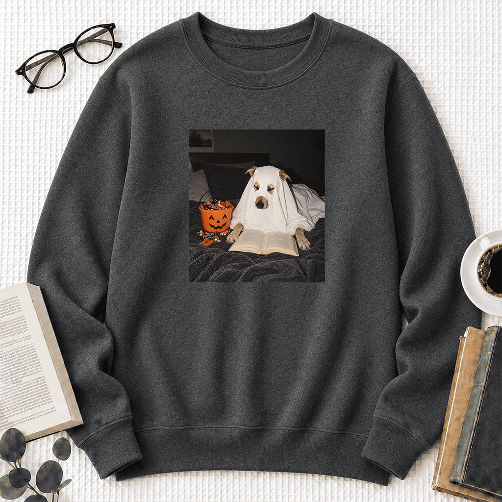 Cute Reading Ghost Dog Printed Sweatshirt | Halloween Book Lover Gift Dark Heather