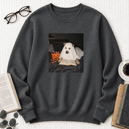 Cute Reading Ghost Dog Printed Sweatshirt | Halloween Book Lover Gift Dark Heather