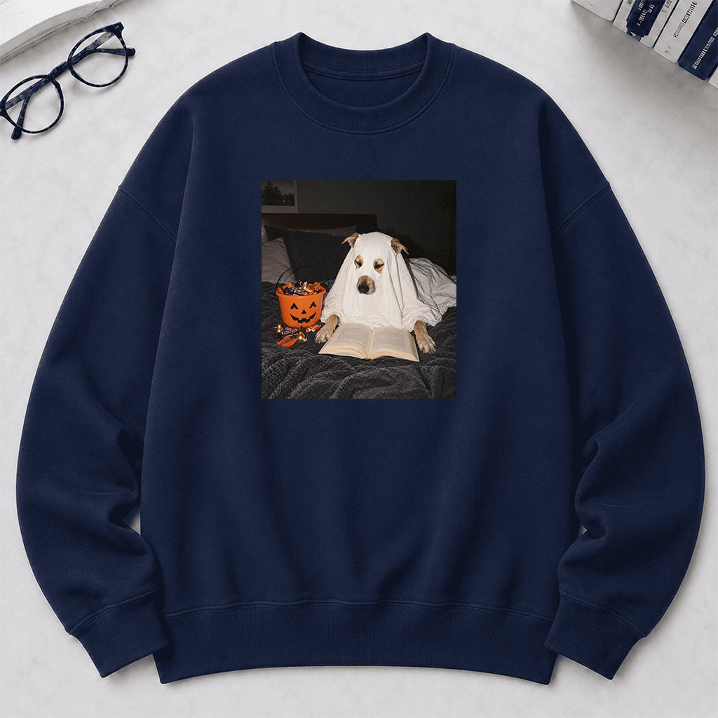 Cute Reading Ghost Dog Printed Sweatshirt | Halloween Book Lover Gift Navy