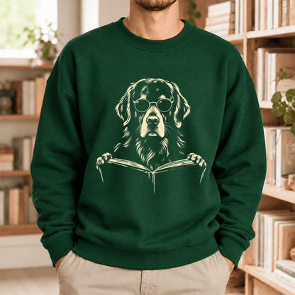Golden Retriever Reading Book Softstyle Sweatshirt | Golden Retriever Gift Forest Green