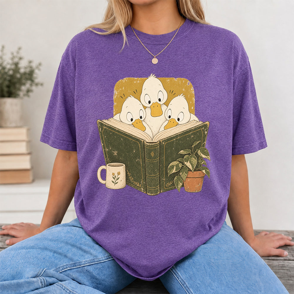 Minimal Japanese Ducks Reading Softstyle T-Shirt | Book Lover Gift Heather Purple
