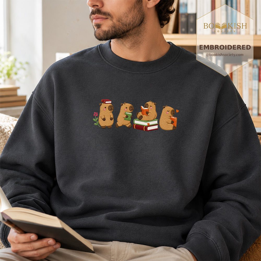 Reading Capybaras Embroidered Sweatshirt | Reader Gift Dark Heather