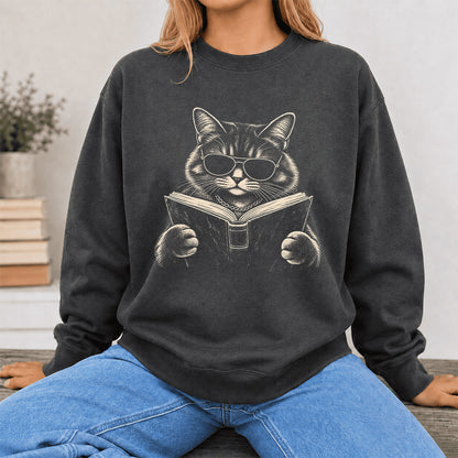 Cat Reading Book Crewneck Sweatshirt | Reader Gift Dark Heather