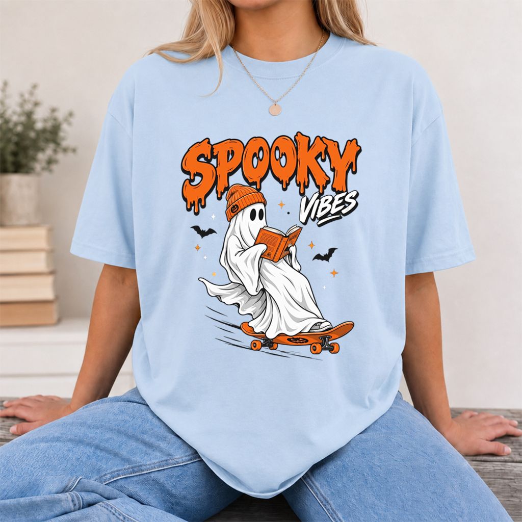 Spooky Vibes Printed T-Shirt | Halloween Book Lover Gift Light Blue