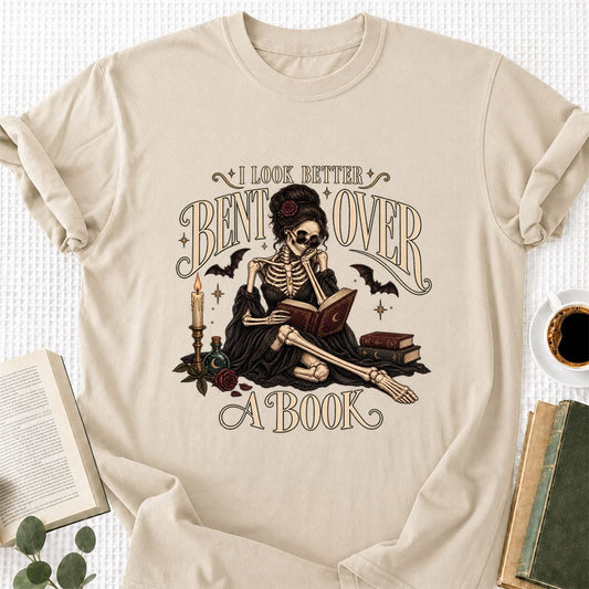 I Look Better Bent Over A Book Printed T-Shirt | Halloween Smut Book Lover Gift Sand