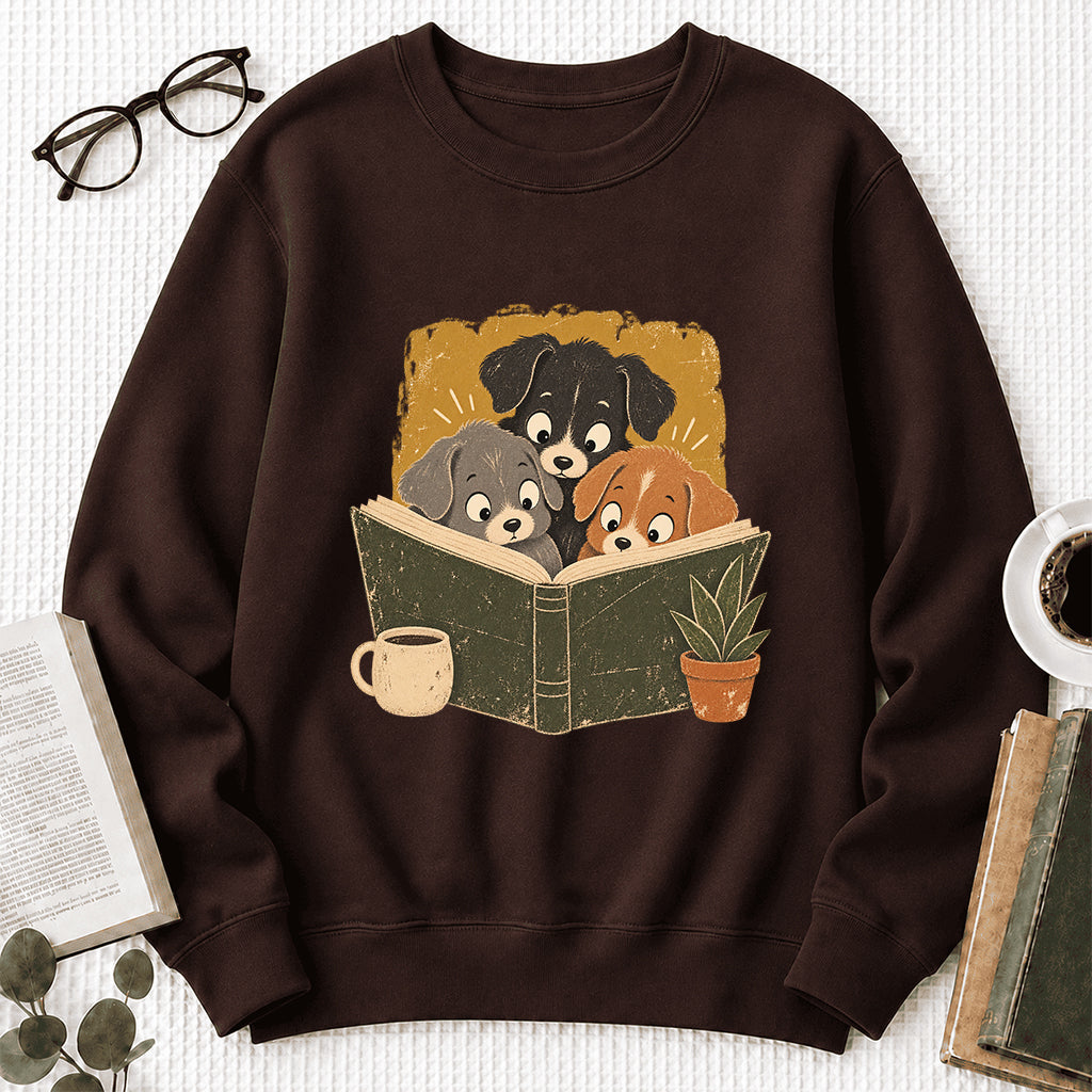 Minimal Japanese Dogs Reading Crewneck Sweatshirt | Reader Gift Dark Chocolate