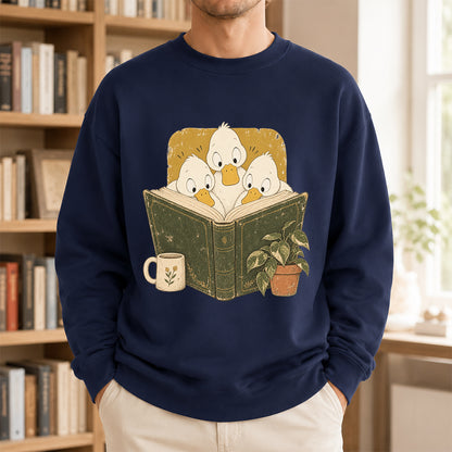 Minimal Japanese Ducks Reading Crewneck Sweatshirt | Reader Gift Navy