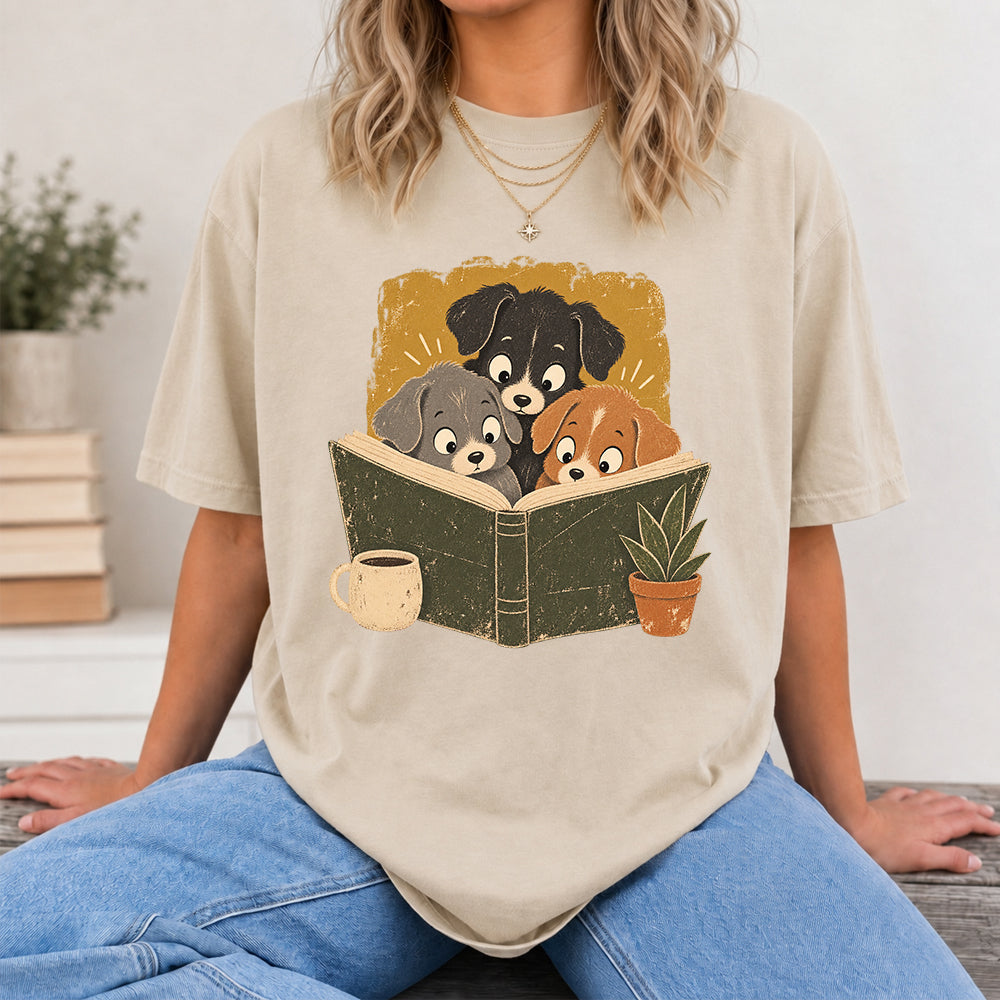 Minimal Japanese Dogs Reading Softstyle T-Shirt | Book Lover Gift Sand