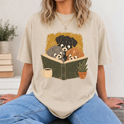 Minimal Japanese Dogs Reading Softstyle T-Shirt | Book Lover Gift Sand