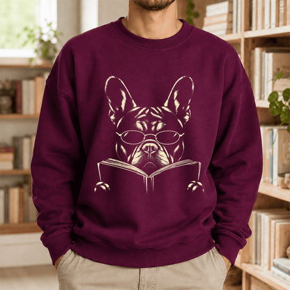 French Bulldog Reading Book Crewneck Sweatshirt | Reader Gift Maroon