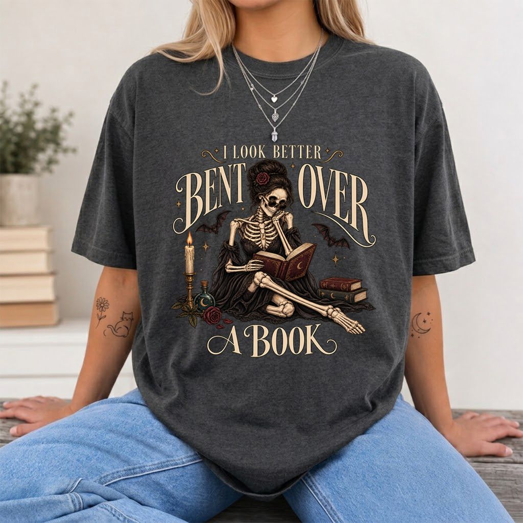 I Look Better Bent Over A Book Printed T-Shirt | Halloween Smut Book Lover Gift Dark Heather