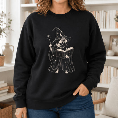 Cute Pug Witch Reading Book Printed Sweatshirt | Halloween Book Lover Gift Black