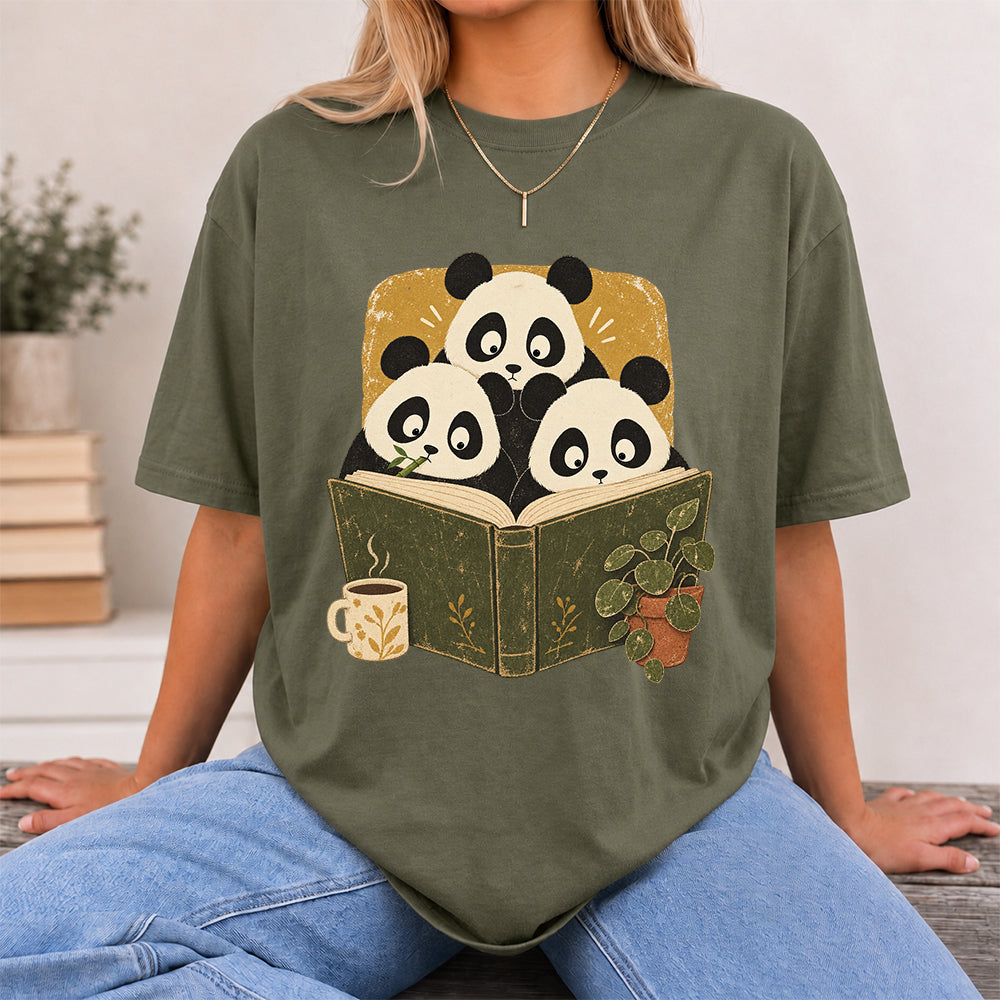 Minimal Japanese Pandas Reading Softstyle T-Shirt | Book Lover Gift Military Green
