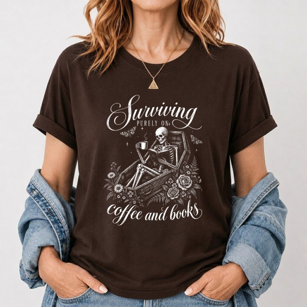 Surviving Purely On Coffee And Books Printed T-Shirt | Halloween Book Lover Gift Dark Chocolate