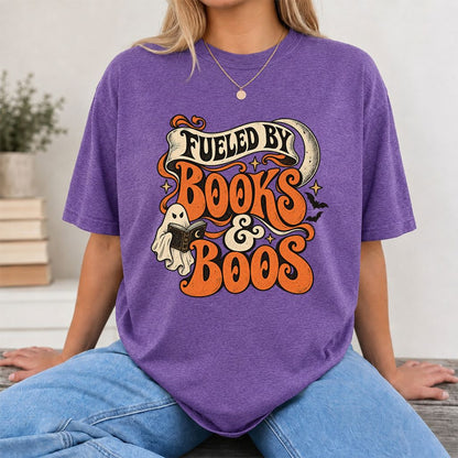 Fueled By Books & Boos Printed T-Shirt | Halloween Book Lover Gift Heather Purple