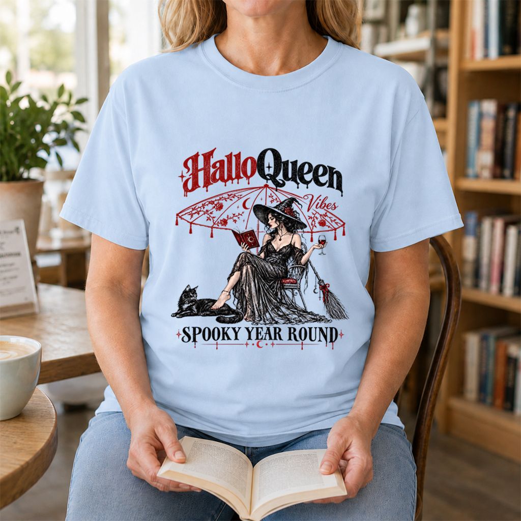 Halloqueen Spooky Year Round Printed T-Shirt | Halloween Book Lover Gift Light Blue