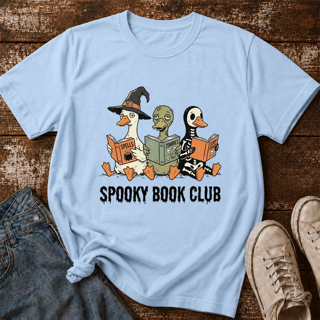 Spooky Book Club Printed T-Shirt | Halloween Book Lover Gift Light Blue