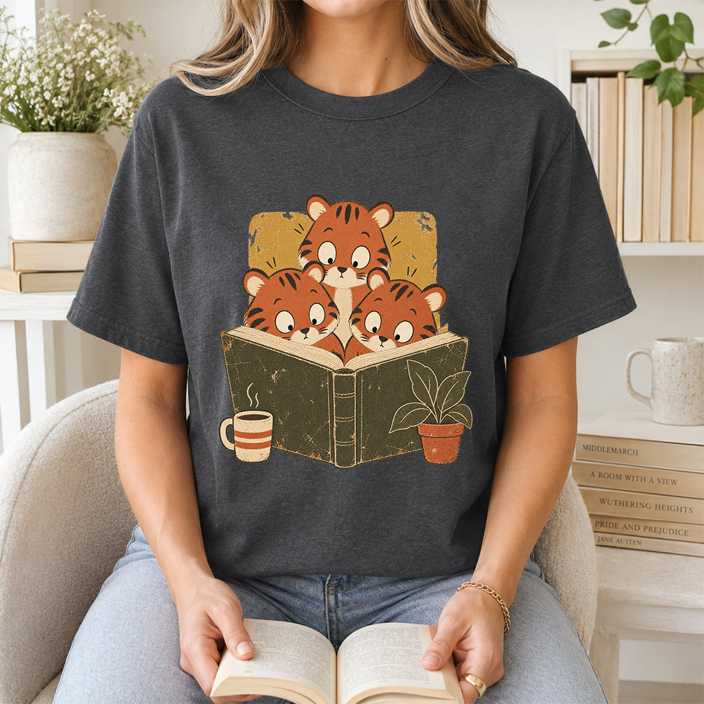 Minimal Japanese Tigers Reading Softstyle T-Shirt | Book Lover Gift Dark Heather