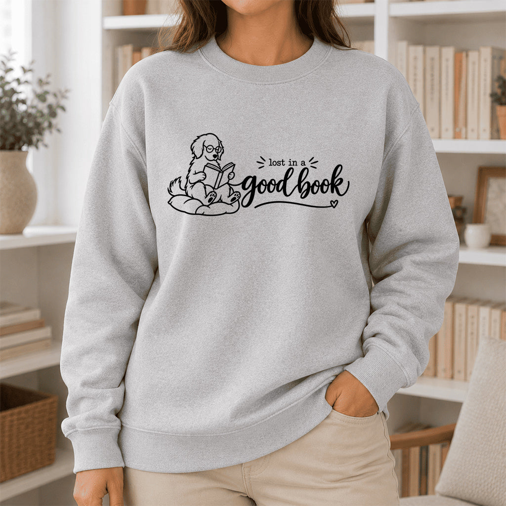 Lost In A Good Book Crewneck Sweatshirt | Dog Lover & Reader Gift Sport Grey