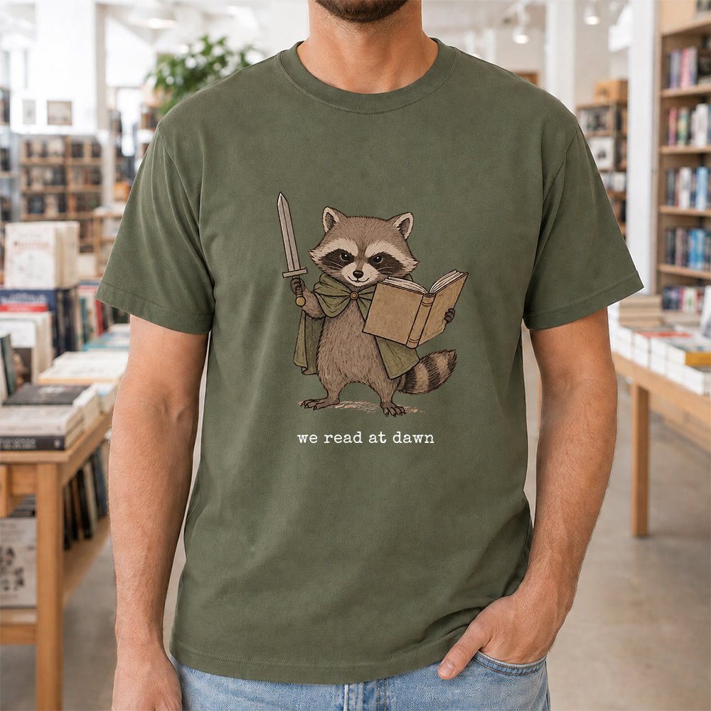 Funny Raccoon Reading Softstyle T-Shirt | Book Lover Gift Military Green