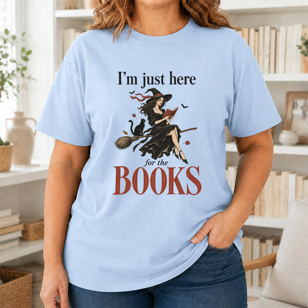 I'M Just Here For The Books Printed T-Shirt | Halloween Book Lover Gift Light Blue