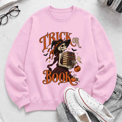 Trick Or Book Printed Sweatshirt | Halloween Book Lover Gift Light Pink