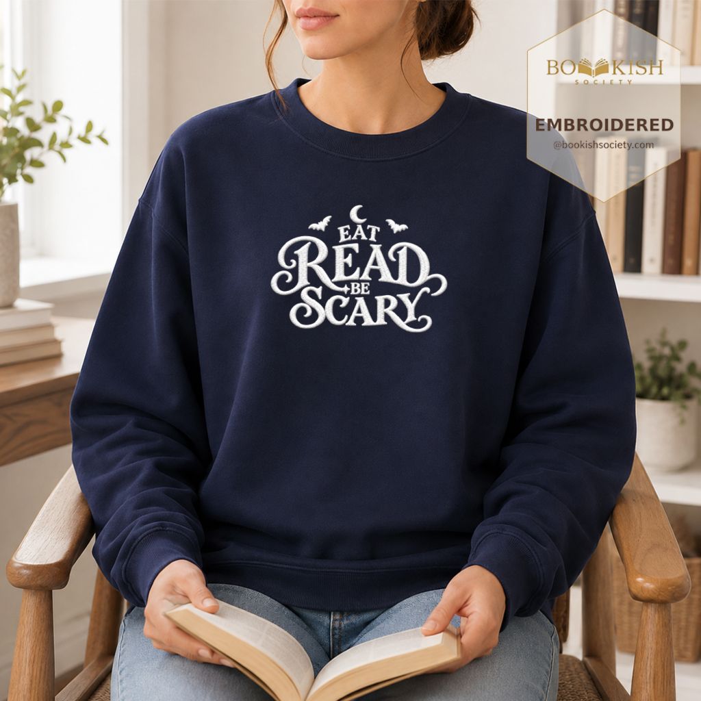 Eat Read Be Scary Embroidered Sweatshirt | Halloween Book Lover Gift Navy