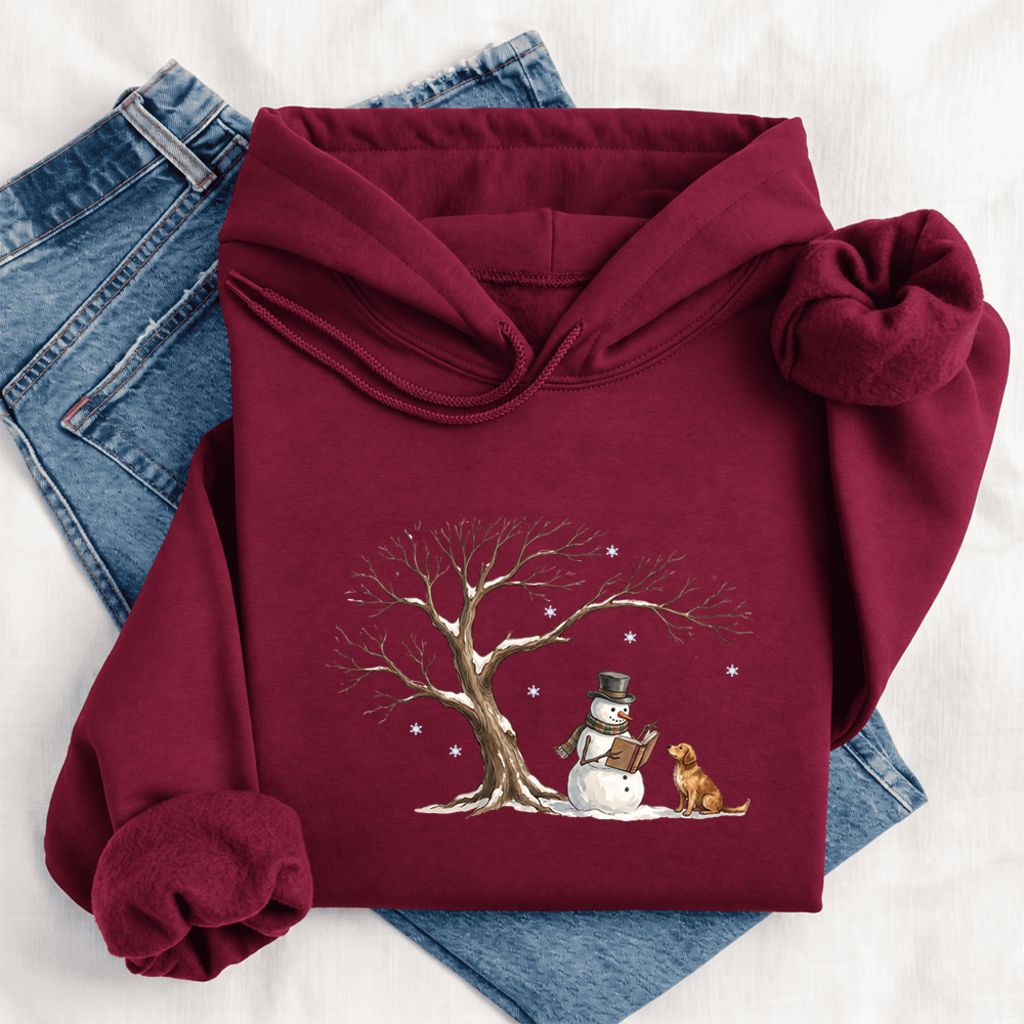 Golden Retriever And Snowman Under Tree Softstyle Hoodie | Christmas Reader Gift Maroon