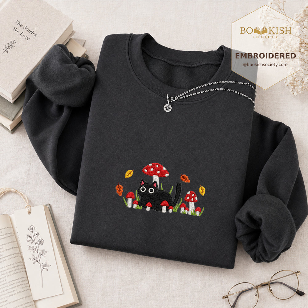 Mushroom Cat Embroidered Sweatshirt | Reader Gift Dark Heather