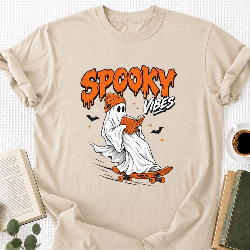 Spooky Vibes Printed T-Shirt | Halloween Book Lover Gift Sand